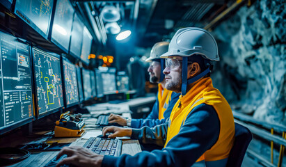 Engineers in Hard Hats Working at Monitoring Room
