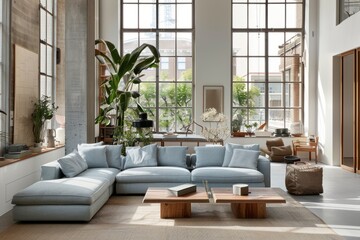 Fototapeta premium A living room with Scandinavian furniture, a blue sofa and a wooden coffee table, natural light from large windows