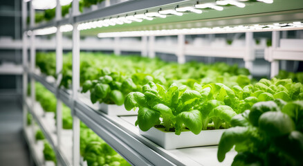Rows of lush green lettuce in a modern hydroponic farm setup. Urban agriculture and innovative farming concept. Design for agribusiness, healthy food campaigns, and agricultural innovation. - obrazy, fototapety, plakaty