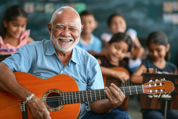 A senior teacher in blue shirt teaches children to play the acoustic guitar at school during a music lesson. - obrazy, fototapety, plakaty