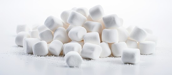 A cluster of fluffy white marshmallows displayed on a sleek white surface. This minimalist composition creates an elegant circle of softness, perfect for a macro photography session