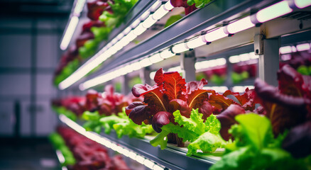 Rows of lush green lettuce in a modern hydroponic farm setup. Urban agriculture and innovative farming concept. Design for agribusiness, healthy food campaigns, and agricultural innovation. - obrazy, fototapety, plakaty
