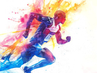 Watercolor illustration of a running athlete at the Olympic Games - 770849763