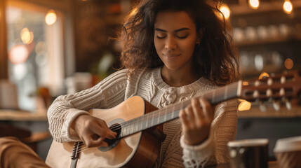A young beautiful African American singer with long hair plays an acoustic guitar in a cafe.