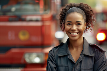 Young african smiling woman firefighter standing next to a red firetruck, outdoors. - obrazy, fototapety, plakaty