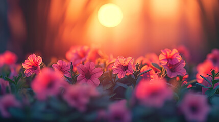 Flowerbed with blooming pink petunias in the park in sunset light. Floral banner. - obrazy, fototapety, plakaty