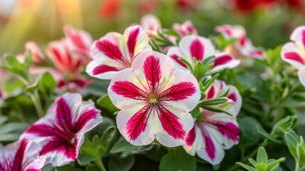 Flowerbed with bright red white petunias close up in the park. - obrazy, fototapety, plakaty