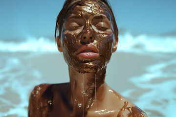 Fashion commercial Concept. Portrait of woman face with bronzer gel mask liquid dripping in blurred beach background, for beauty makeup skincare ad. copy text space - obrazy, fototapety, plakaty