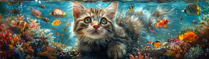 Underwater cat swimming with tropical fish, vibrant and colorful illustration, clear underwater setting, peaceful oceanic environment - obrazy, fototapety, plakaty
