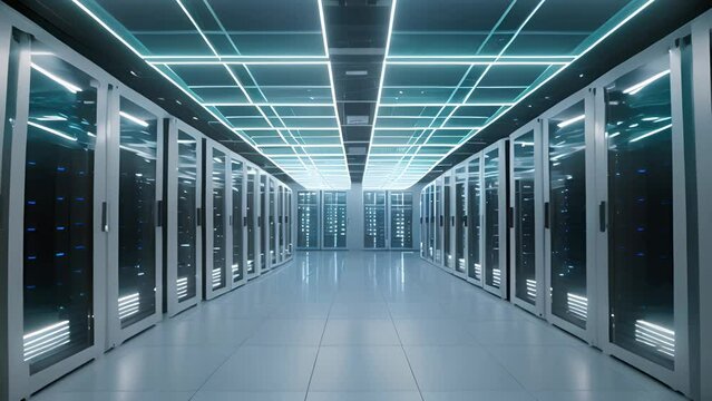 Advanced server room with rows of server racks illuminated by striking blue neon lights overhead