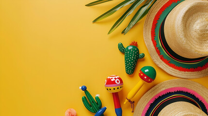 banner on "cinco de mayo" on a yellow  background sombrero  maracas and  traditional mexican patterns with copyspace