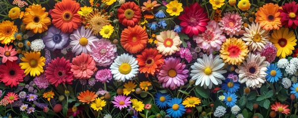 A full-frame image showcasing a colorful variety of garden flowers in full bloom, creating a vivid...