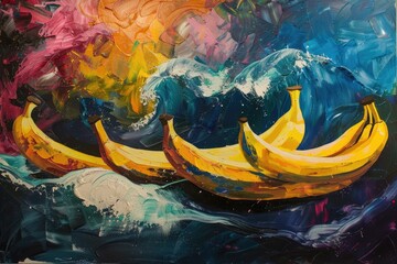 An abstract painting where bananas are reimagined as boats floating on a tumultuous colorful sea
