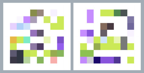 Pixels background. Illustration of abstract texture. Bold minimalism. Digital concept. Game elements. Trendy retro geometry print. Green neon, purple colors. Scaled square building blocks