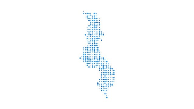 Malawi dotted digital map. Map of Malawi with pulsating colored circles. Shape of the country filled with blue disks. Attractive video.