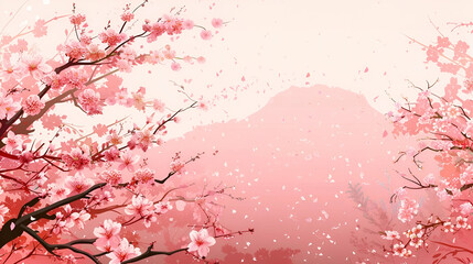floral spring banner, blooming sakura on pink background with copy space