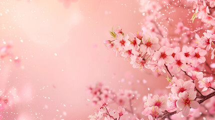 Fototapeta na wymiar floral spring banner, blooming sakura on pink background with copy space