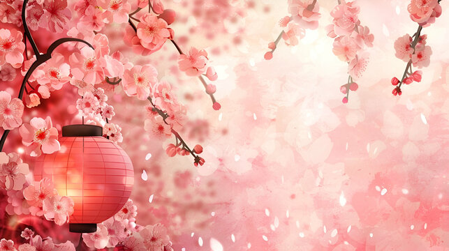 floral spring banner, blooming sakura on pink background with chinese lanterns with copy space