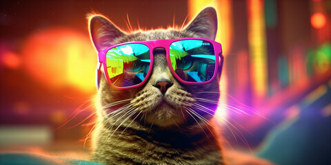 Cool Cat in Neon Sunglasses Reflecting a Vibrant Sunset Banner