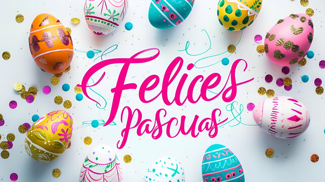 Easter banner on a white background inscription "felices pascuas" with colored Easter eggs