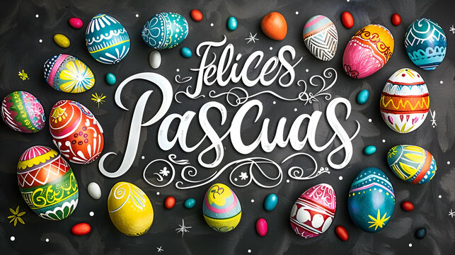  inscription "felices pascuas" on a black background Easter eggs with a pattern