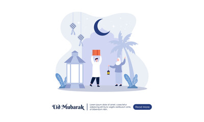 Happy Eid Mubarak or Ramadan Greeting with People Character Illustration.