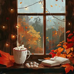 A cozy autumnal scene of enjoying hot chocolate with marshmallows by a window on a rainy day