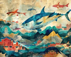 A creative depiction of the global journey of tuna from oceanic waters to international markets and kitchens - obrazy, fototapety, plakaty