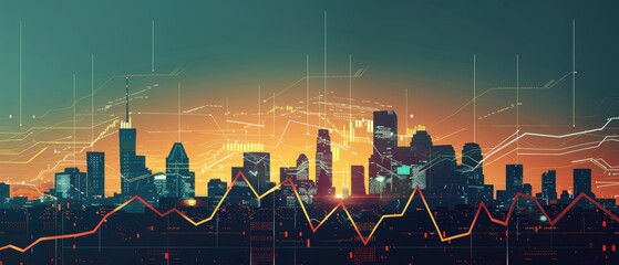 A minimalist graphic of upward trending financial charts merging into a city skyline - obrazy, fototapety, plakaty