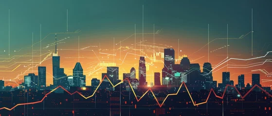 Foto op Plexiglas A minimalist graphic of upward trending financial charts merging into a city skyline © AI Farm