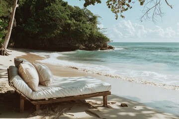 A tranquil beach setting with a comfortable resting place illustrating the concept of napping or sleeping by the soothing sounds of waves - obrazy, fototapety, plakaty