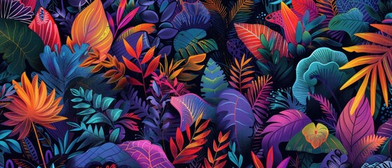 A surreal scene of a jungle with animals hidden within an intricate pattern of colorful - obrazy, fototapety, plakaty