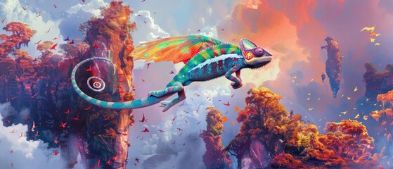 A vibrant chameleon with expanding wings taking a leap across a fantastical gap of floating islands