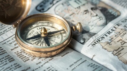 A vintage golden compass atop financial newspapers guiding investment decisions