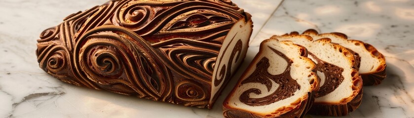An artistic bread loaf with a patterned crust sliced to reveal a complex