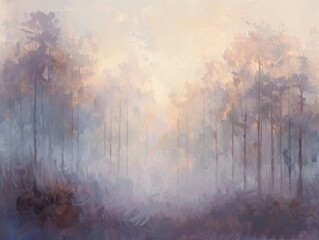 An atmospheric oil painting of a foggy forest at dawn with subtle color gradients and soft light