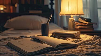 An image of a sleep journal and a pen on a nightstand highlighting the practice of reflecting or planning to ease the mind before sleep