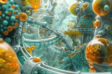 An imaginative view inside a nanofactory with molecular assemblers building complex structures