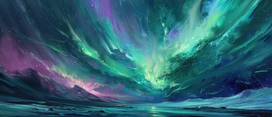 An oil color landscape of the aurora borealis with luminous greens and purples swirling in the night sky