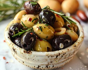 Green and black olives marinated with garlic and herbs