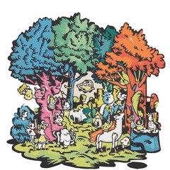 Cartoon forest scene with animals and trees, png