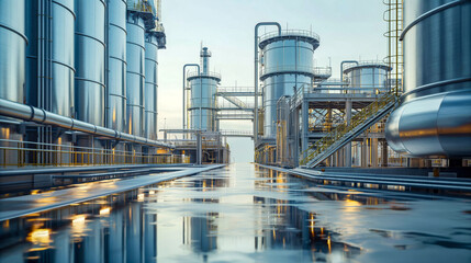 Industrial Silos and Reflective Floor in Petrochemical Plant
