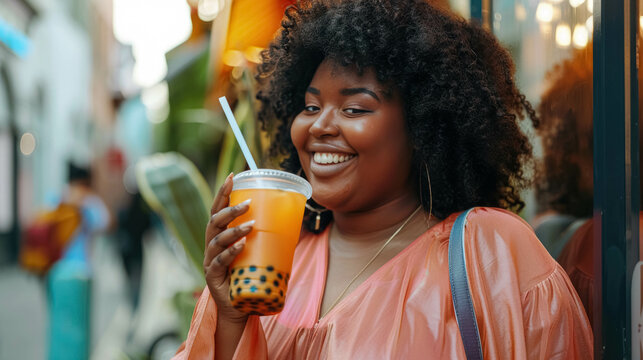 Modern Chubby Black Woman With Colorful Bubble Tea Walking In The Street