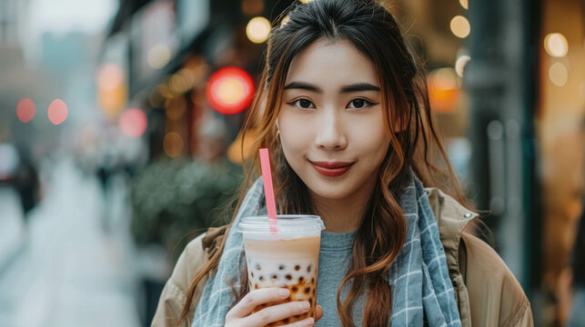 Modern Asian Woman With Colorful Bubble Tea Walking In The Street