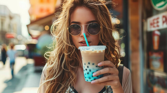 Modern Caucasian Woman With Colorful Bubble Tea Walking In The Street