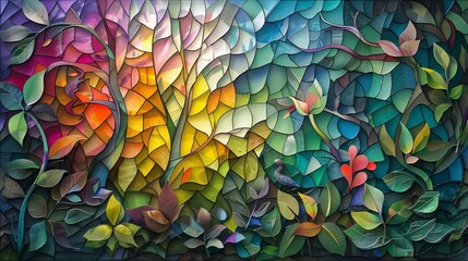 Vibrant Mosaic Artwork of Foliage with Stained Glass Texture.