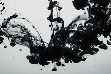 The stark contrast of a black ink drop dispersing in clear water against a dark background