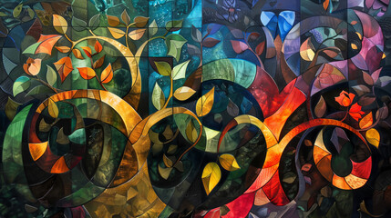Abstract Botanical Mosaic with Swirling Glass Patterns and Colorful Leaves.