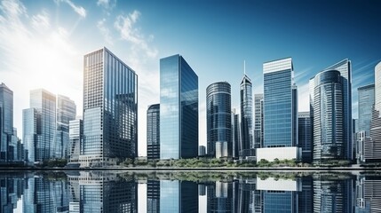 Fototapeta na wymiar Modern urban cityscape with glass skyscrapers, high financial tower against blue sky