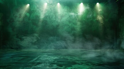 Obraz na płótnie Canvas The dark stage shows, dark green background, an empty dark scene, neon light, and spotlights and studio room with smoke float up the interior texture for display products - generative ai